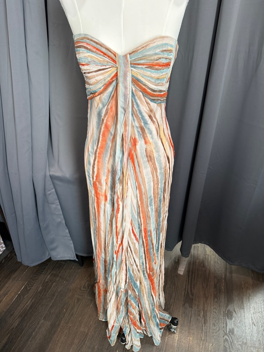 Laundry by Design 100% Silk Strapless Evening Gown in Coral, Blue & Cream